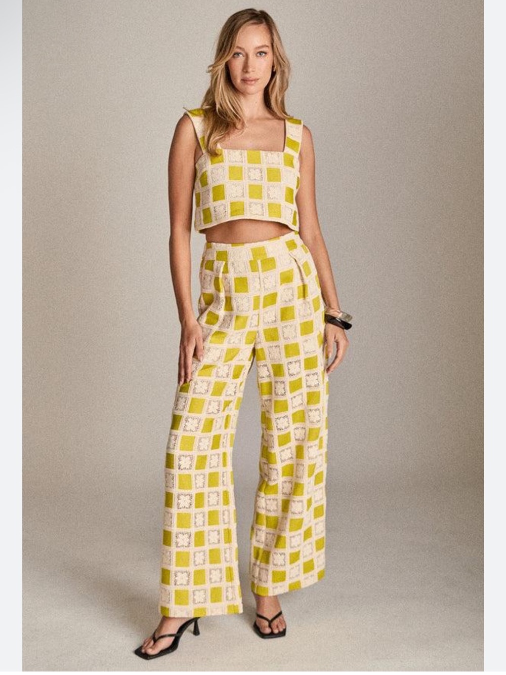 English Factory Bria Square Crochet Pleated High Rise Pants in Yellow & Cream